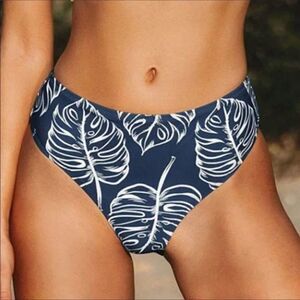 CUPSHE Navy Blue White Palm Leaf Bikini‎ Bottoms Size L NWT